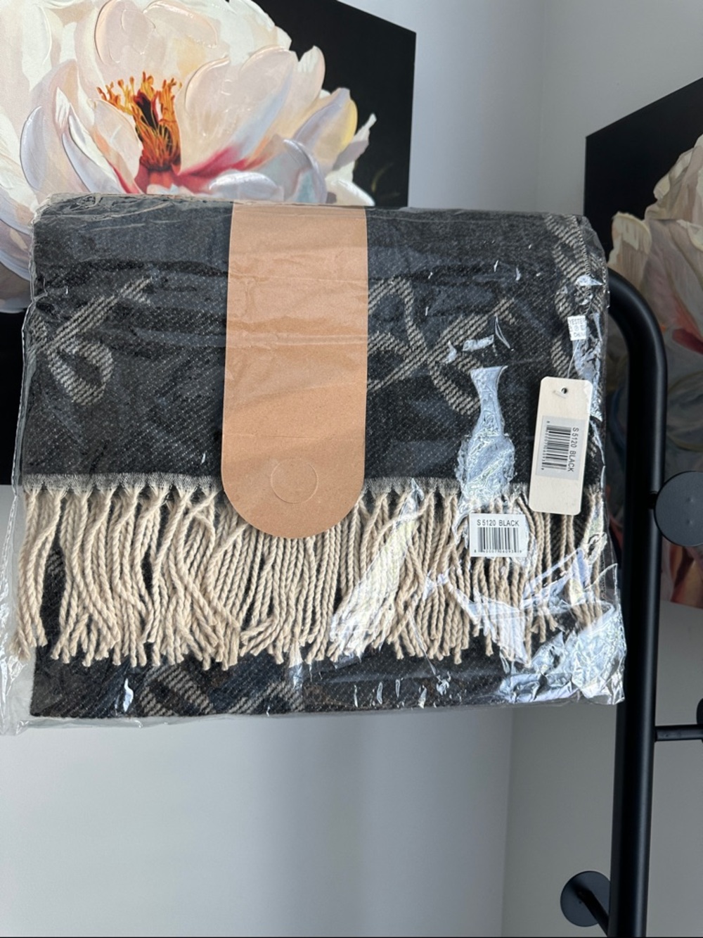 Black and Cream Bow Print w/Fringed Wool-Blend Scarf Wrap